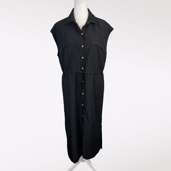 Old Navy Black Button Front Maxi Shirt Dress Pockets Drawstring Waist Size Small - Picture 1 of 7